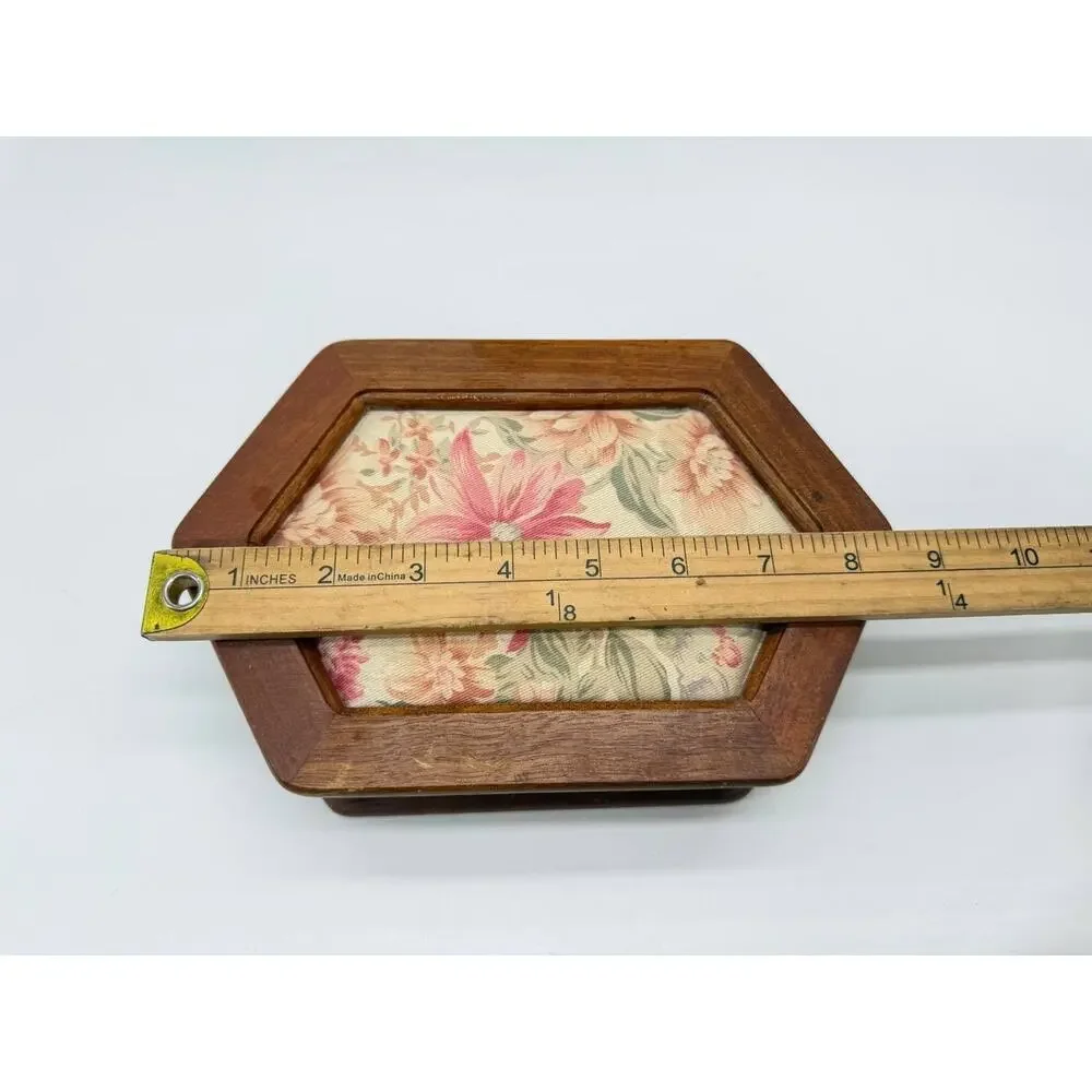 Vintage Wooden Jewelry Box Floral Fabric Lid Mirror Ring Storage Organizer
